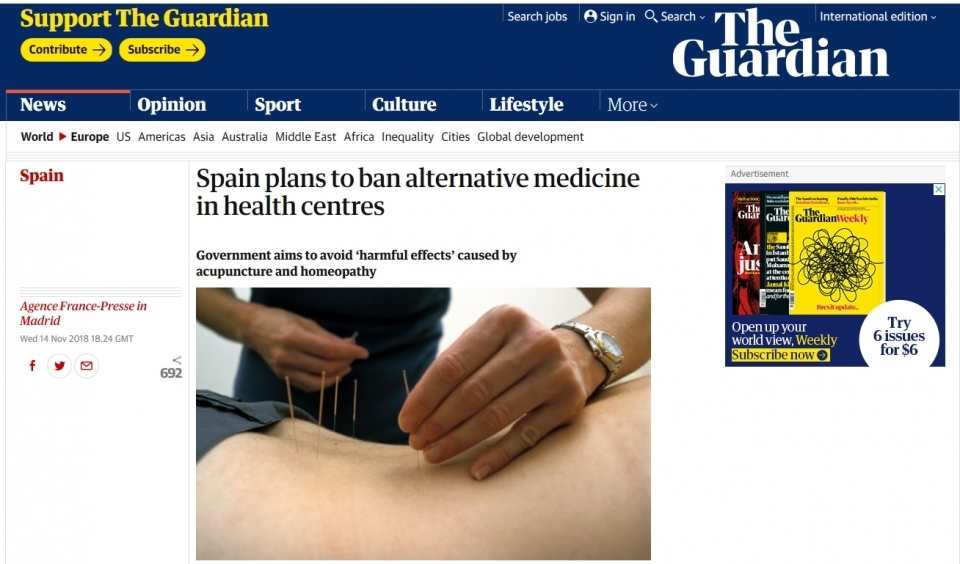 스페인 정부의 대체의학 금지 계획 발표를 전한 [The Guardian] 11월 14일자 보도기사 ⓒ의협신문