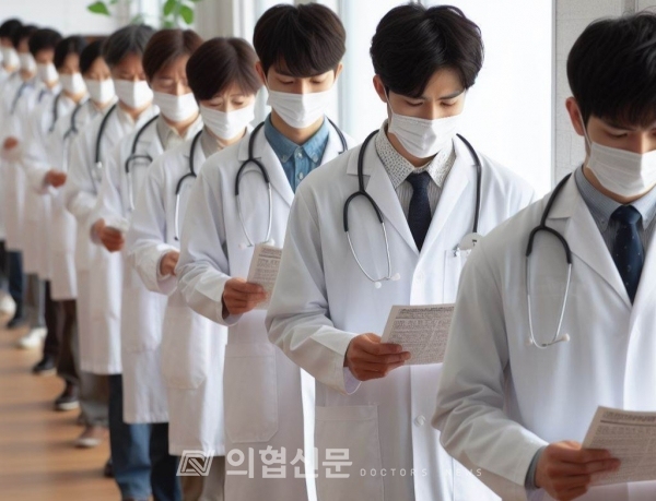 챗GPT가 그린 사직서를 들고 줄을 선 한국 의사들. ⓒ의협신문