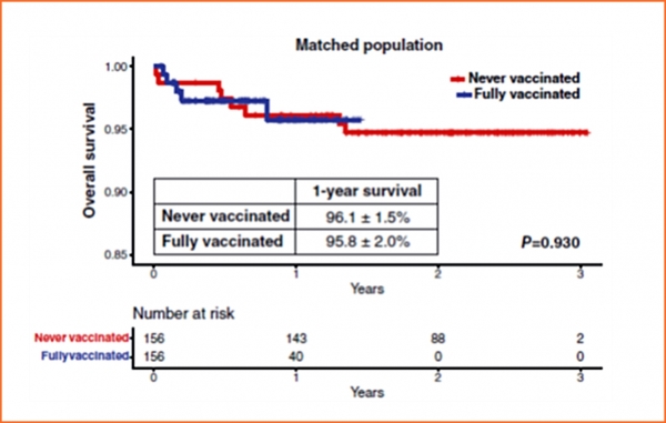 코로나19 백신 접종(1회 또는 2회)을 완료한 환자와 을혀 백신 접종을 받지 않은 환자의 생존 곡선 비교. 두 그룹간 유의한 차이를 보이지 않았다. ⓒ의협신문