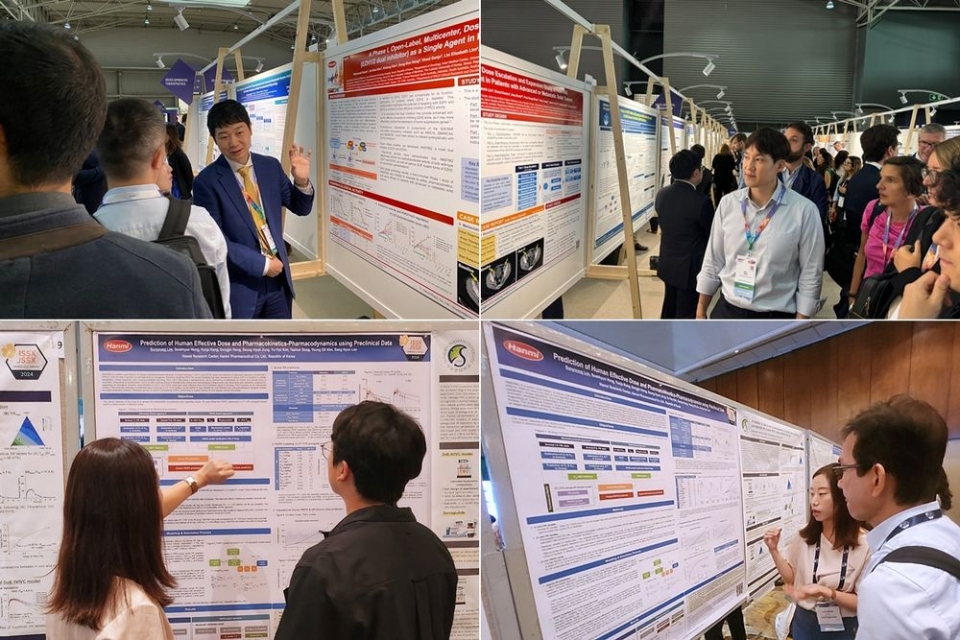 한미약품 ONCO임상팀 노영수 이사(왼쪽 위)와 이동준 연구원(오른쪽 위)은 유럽종양학회에서, R&D센터 임선영 그룹장(아래)은 세계약물연구학회(ISSX)에서 '차세대 EZH1/2 이중 저해제'의 연구 현황이 담긴 포스터 내용을 설명하고 있다.