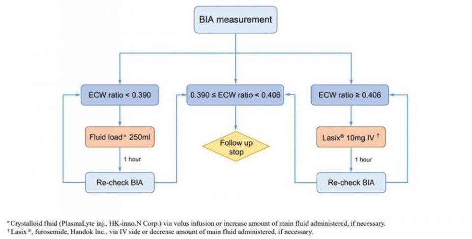 ■ 그림1. 체액 모니터링 및 관리 기준. 연구팀은 과도한 체액이 주로 세포외수분(ECW) 분포에 축적되는 경향을 감안, 여러 선행연구에 근거해 세포외수분비를 과수 상태(부종)를 평가하는 지표로 선정했다. 이에 따라 중재군 환자들은 세포외수분비가 0.390 미만인 탈수 상태에서는 결정질 용액을 통한 수액 치료를, 0.406 이상인 과수 상태에서는 이뇨제인 푸로세마이드(furosemide)를 투여받는 적극적인 치료를 받았다.