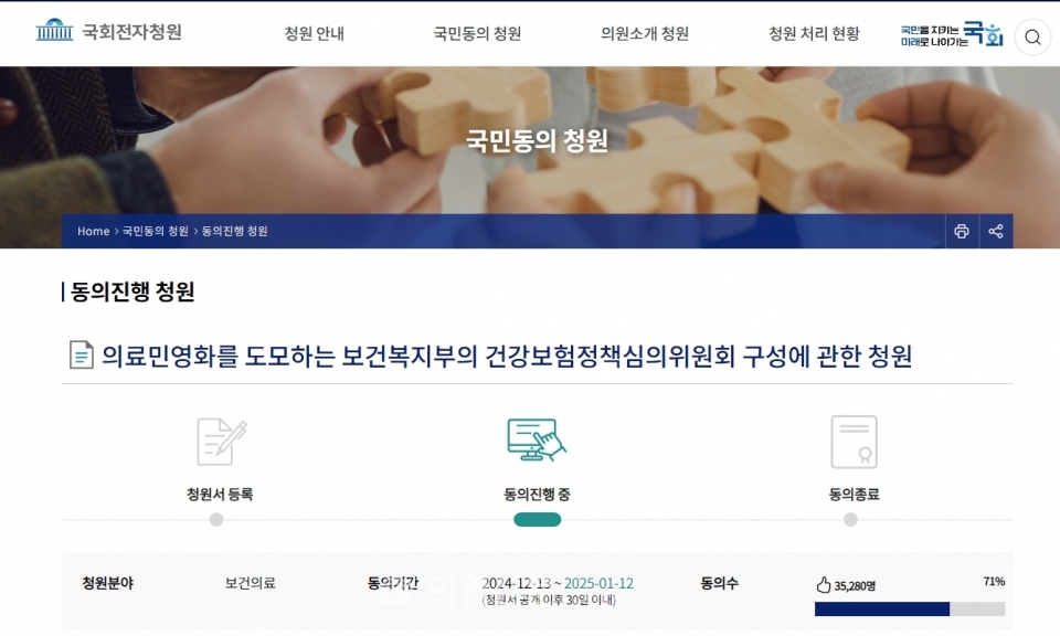 의료민영화 도모를 위한 건정심 구성을 멈춰야 한다는 국회 국민청원이 3일만에 3만 5000여 명의 동의를 얻었다(12월 16일 오후 3시 기준). ⓒ의협신문